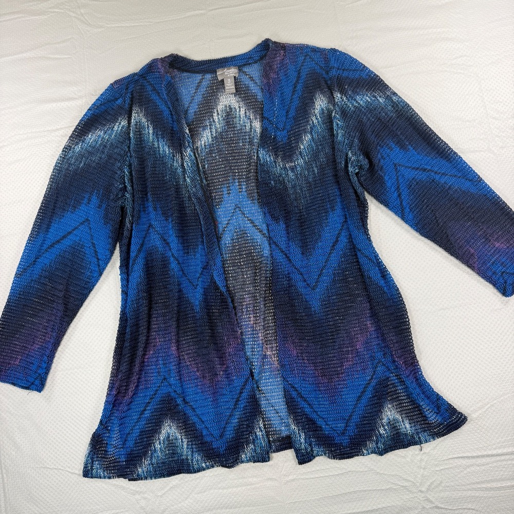 Chico's Travelers Cardigan Size 3 XL Blue Chevron Mesh Open Front Sheer Knit